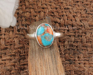 Bague Turquoise en cuivre huître épineuse naturelle-Bague large en argent sterling 925 pour femme en gros faite à la main - Product Image 1