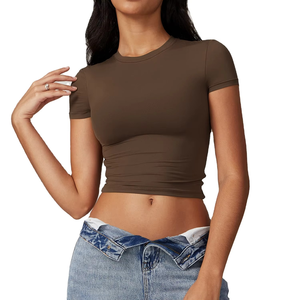 Women's <b>Cream</b> Crew Neck Short Sleeve <b>Crop</b> <b>Top</b> Slim Fit Solid Color Knitted Breathable Spring Summer Minimalist Style - Product Image 6