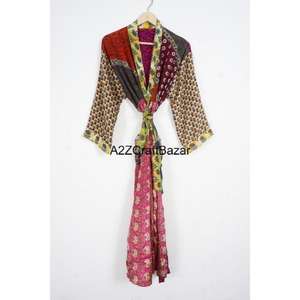 Robe longue en soie pour femmes, style kimono vintage, imprimé bohème, vêtement de plage, respirant, séchage rapide, manches longues, style japonais - Product Image 1