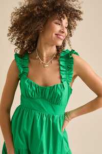 Sin espalda largo elegante cuello cuadrado volante suelto ajuste sin mangas con elástico verano Casual señoras hasta la rodilla verde escalonado Maxi - Product Image 3