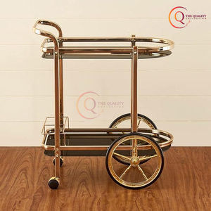 Chic Elegant Luxurious Gold Bar Cart <b>with</b> Elegant Ceramic Black Glass Shelves and Caster <b>Wheels</b> Looks Absolutely Gorgeous. - Product Image 2