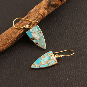 Pendientes colgantes con forma de uña de cobre para mujer, joyería de belleza durmiente auténtica, color turquesa, conjunto de bisel chapado en oro, gancho, Pendientes colgantes - Product Image 3