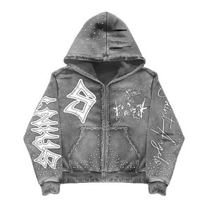 Sudadera con capucha y cremallera para hombre, personalizable, de algodón 100% de alto gramaje, con lavado ácido, efecto desgastado, bordado, serigrafía y adornos de pedrería - Product Image 2