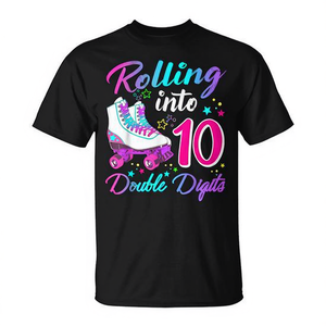Camiseta de cumpleaños número 10 con estampado digital de patines de 10 ruedas, unisex, manga corta, cuello redondo, para fiesta infantil - Product Image 2