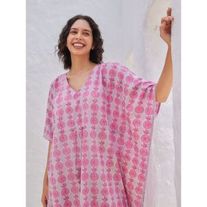 <b>Pink</b> Pineapple Print <b>Kaftan</b> Dress V-Neck Loose Maxi Batwing Sleeve Cover-Up Breathable Woven 100% Polyester 1 Piece - Product Image 3