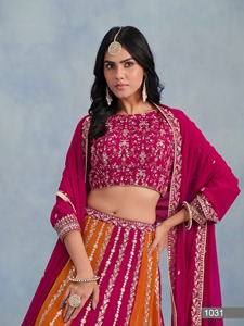 Moderno estilo modesto Rani Rosa Faux Georgette Lehenga Choli con bordado pesado para adultos hasta el suelo vestido de temporada de boda - Product Image 2