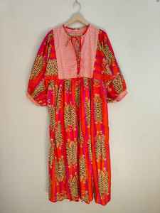 Robe maxi bohème en coton à imprimé floral à manches longues et col en V pour femmes, tenue de soirée d'été, style décontracté fait à la main - Product Image 5