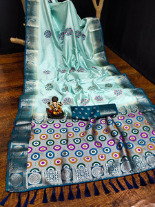 Beautiful Welltex Dola Silk Sarees Kamlika-Sky Blue Collection Todos los diseños únicos de Butta Zari Weaving Contrast Indian/Pakistani - Product Image 6