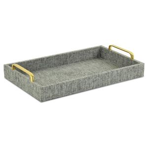 Bandeja de madera hecha a mano en elegante color gris con forma rectangular moderna y asas doradas perfectas para servir con estilo - Product Image 1