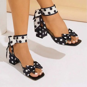 Black <b>White</b> Polka Dot Design with Cute Bow Accents Comfort Block <b>Heels</b> for Parties Dates Daily WearDress <b>Shoes</b> for Ladies - Product Image 1
