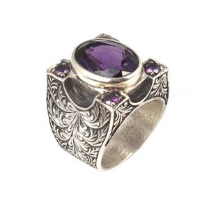 925 Sterling <b>Silver</b> Men's <b>Ring</b> with Oval <b>Amethyst</b> Stone Handcrafted Bezel Setting Stylish Hip-Hop Fashion Gift - Product Image 1
