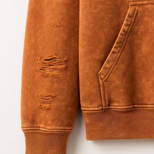 Sweat à capuche zippé en molleton de coton vintage surdimensionné vierge avec broderie bouffante personnalisée sans cordon de serrage Sweat à capuche zippé à double fermeture éclair délavé à l'acide - Product Image 4