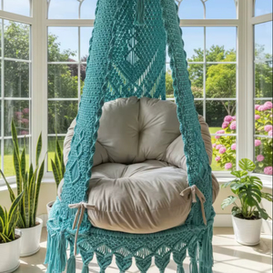 Créez votre coin confortable avec une chaise hamac en macramé en coton durable, balançoire bohème fabriquée à la main par The Top Knott - Product Image 1