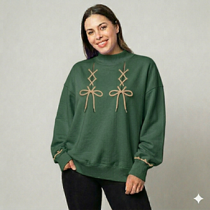 Women's Red Oversized Mock Neck Double Lace Up Bow Sweatshirt <b>Drop</b> Shoulder Long Sleeve Casual Fleece Pullover Loose Fit - Product Image 3