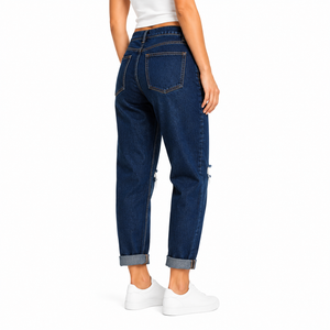 Vaqueros de mezclilla rasgados para mujer, de color liso, de cintura alta, estilo boyfriend, con rodillas rasgadas, pantalones desgastados, a la moda, casuales, de ajuste holgado. - Product Image 6