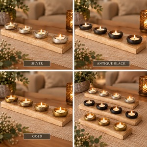 Porte-bougie en bois, plateau pour bougies chauffe-plat, coupelles en métal, lot de 4, centre de table, décoration intérieure, table à manger, rustique/moderne. - Product Image 3
