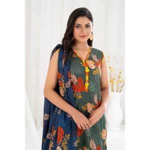 Traje de chifón verde sin costuras de 3 piezas para mujer con decoración de bordado en la parte superior - Product Image 2