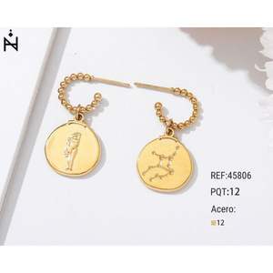 Pendientes chapados en oro Ziio con cadena de cuentas con dije del zodiaco, colgante redondo de 12mm, joyería de moda para mujer - Product Image 2