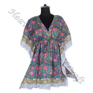 100% algodón Mujer ropa de dormir mano bloque estampado Kaftan vestido KFCS038 peso ligero mujeres Casual ocasión desgaste corto caftán vestido - Product Image 6