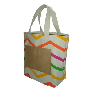 Canvas Beach Bag With Zig Zag Multicolor Stripe Print With Jute Pocket 12 Oz Natural Canvas Tote Bag For Women's