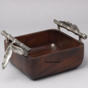 Tazón para Servir con Acabado Pulido, Diseño Decorativo, Material de Madera, Forma Cuadrada, Asa de Aluminio - Product Image 1