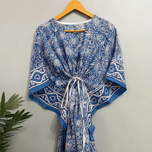 Vestido caftán de algodón floral indio hecho a mano, Vestido corto de Playa Larga, Maxi Kimono, estampado de bloque, cintura Natural, vestidos casuales - Product Image 1
