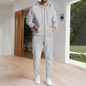 Nueva primavera y otoño hombres deportes casual color sólido Waffle verde con capucha manga larga con capucha abrigo dos trajes de pantalón a juego Trenging - Product Image 1