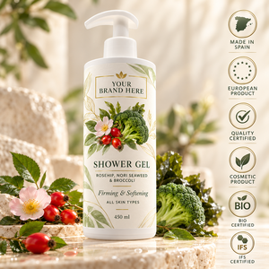 Gel Douche Marque Blanche à la Rose Musquée, aux Algues Nori et au Brocoli 450ml |   Gel Douche Hydratant Raffermissant |   Fabricant de cosmétiques OEM Espagne - Product Image 1