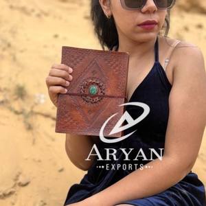 New Real Hand Tooled Leather Thread Secure Journal With Semi Precious Stone Boho Traditional Vintage Leather <b>Lock</b> <b>Travel</b> Journal - Product Image 1