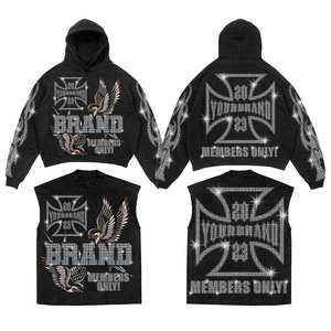 เสื้อฮู้ดลายกรดฮิปฮอปสตรีทแวร์เสื้อมีฮู้ดลายล้างออกแดดโอเวอร์ไซส์พิมพ์ลายพลอยเทียมสีดำแบบสวมหัว - Product Image 3