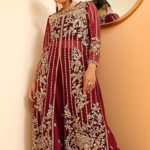 2023 nouveau marron brodé dentelle veste et haut Sarara pantalon ensemble indien Pakistanais Style diamant décoré pour les mariages fêtes - Product Image 1
