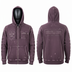 Sweat à capuche pour homme, style streetwear vintage, coupe classique, coton lourd usé, polyester, fermeture éclair sur le devant, strass - Product Image 1