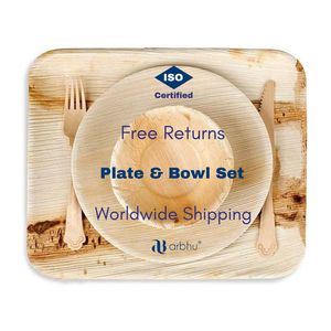 100% Natural Areca Palm Leaf <b>Plates</b> Bowls & Birchwood Cutlery <b>Bamboo</b> <b>Disposable</b> Dishes for Weddings & Restaurants - Product Image 1
