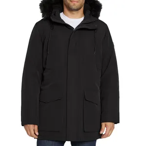 Penjualan Terbaik jaket Parka panjang selutut bantalan nilon hitam pria dengan bulu palsu hitam di Hood untuk dijual dengan tarif murah