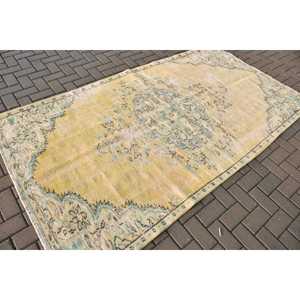 Vintage Turkish Rug, 4.8x8.7 ft Large Rug, <b>Yellow</b> Check Rug - Product Image 2