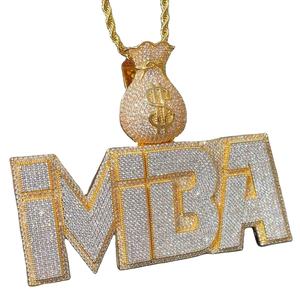 Pendentif homme n'importe quel nom lettre MBA 9.89cts MOISSANITE D/VSS1 Pendentif HipHop entièrement glacé en diamant plaqué or jaune 14 carats - Product Image 1