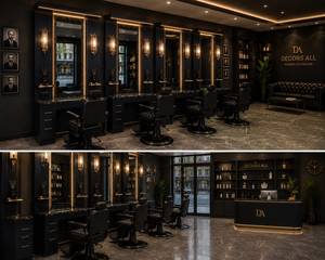 Station de barbier moderne de luxe noire avec miroir LED, construction durable en MDF, étagères de rangement, comptoir |   Barbier professionnel sur mesure - Product Image 3