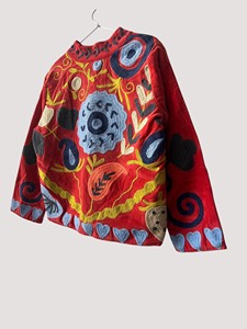 Chaqueta Acolchada de Terciopelo Bordada a Mano con Cuello Mandarín, Manga Larga, Estampado Floral, Abrigo de Invierno para Mujer, Rojo, Acolchado Grueso - Product Image 4