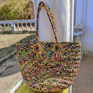 Multicolor Handwoven <b>Raffia</b> Tote <b>Bag</b> with Embroidery Decoration for Summer - Product Image 1