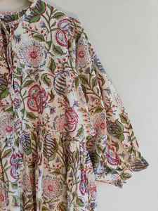 Robe maxi décontractée à manches longues et col en V, imprimé floral en coton, imprimé à la main, tenue d'été pour femmes, robe de vacances en solde - Product Image 4