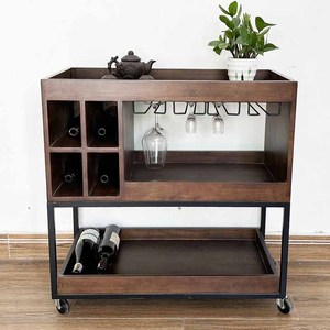 KR68002 Modern Antiqued Home Furniture Solid Oak Mobile <b>Wine</b> Rack with Iron Frame - Product Image 4