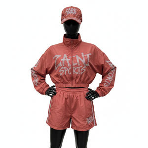 Conjunto Corto de Chaqueta Cortavientos de Poliéster de Alta Calidad para Mujer, Tela Suave, Logotipo de Transferencia de Calor de Cristal, Conjunto Corto de Chaqueta Cortavientos, Talla Grande - Product Image 6