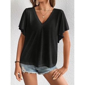 Blusa Casual de Manga Corta con Cuello en V para Mujer de Jane's, para Uso Diario, Corte Regular, Lisa, Tejido Transpirable - Product Image 3