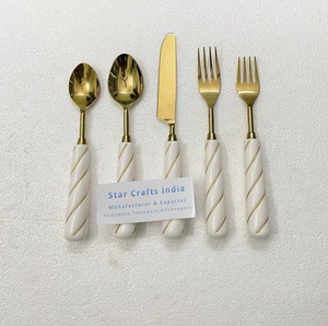 Ensemble de couverts en céramique et acier inoxydable doré, couteau, fourchette, cuillère à manche en céramique, ensemble de couverts plaqués or pour cadeau de mariage - Product Image 1