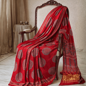 Aruna Mandala Ajrakh Handwoven Cotton Silk Sari Banarasi Indian Soft Sari for Festival Party Wear Hand Drawn Heavy Georgette - Product Image 1