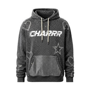 Pull à capuche en éponge française personnalisé pour hommes, coton lourd, vintage, délavé et délavé au soleil, motif solide, strass, perles recadrées - Product Image 3