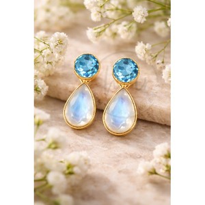 Pendientes Largos de Latón Chapado en Oro de 18K con Piedra Lunar Arcoíris Blanca y Topacio Azul Suizo, Joyería de Piedras Preciosas Hecha a Mano - Product Image 2