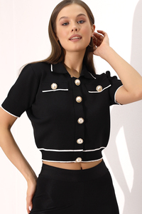 เสื้อสเวตเตอร์ถักแขนสั้นสำหรับผู้หญิงเสื้อสเวตเตอร์ถักแบบถักมีกระดุมที่คอโปโลเสื้อสเวตเตอร์ถักแบบยืดหยุ่นบริการ OEM - Product Image 2