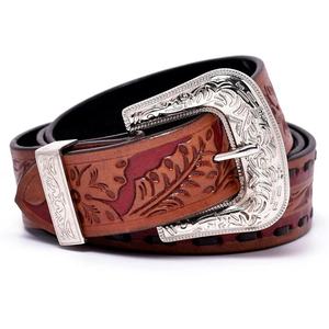 Vintage Mens Handmade Two-Tone Cowhide <b>Leather</b> <b>Belt</b> Hand-Carved with Custom <b>Tooling</b> and Steel Buckle - Product Image 1