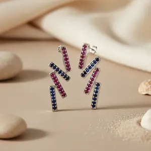 Pendientes Colgantes de Plata 925 con Rubí y Zafiro para Mujer, con Perla de Agua Dulce y Diseño de Colgante de Esmeralda en Oro de 18K - Product Image 2